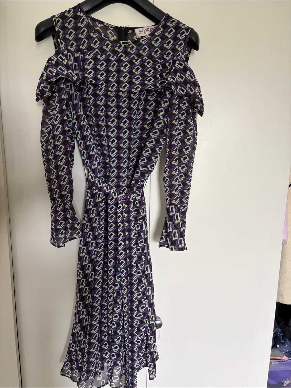 Shoshanna Purple Geometric Long-Sleeve Cold-Shoulder Dress